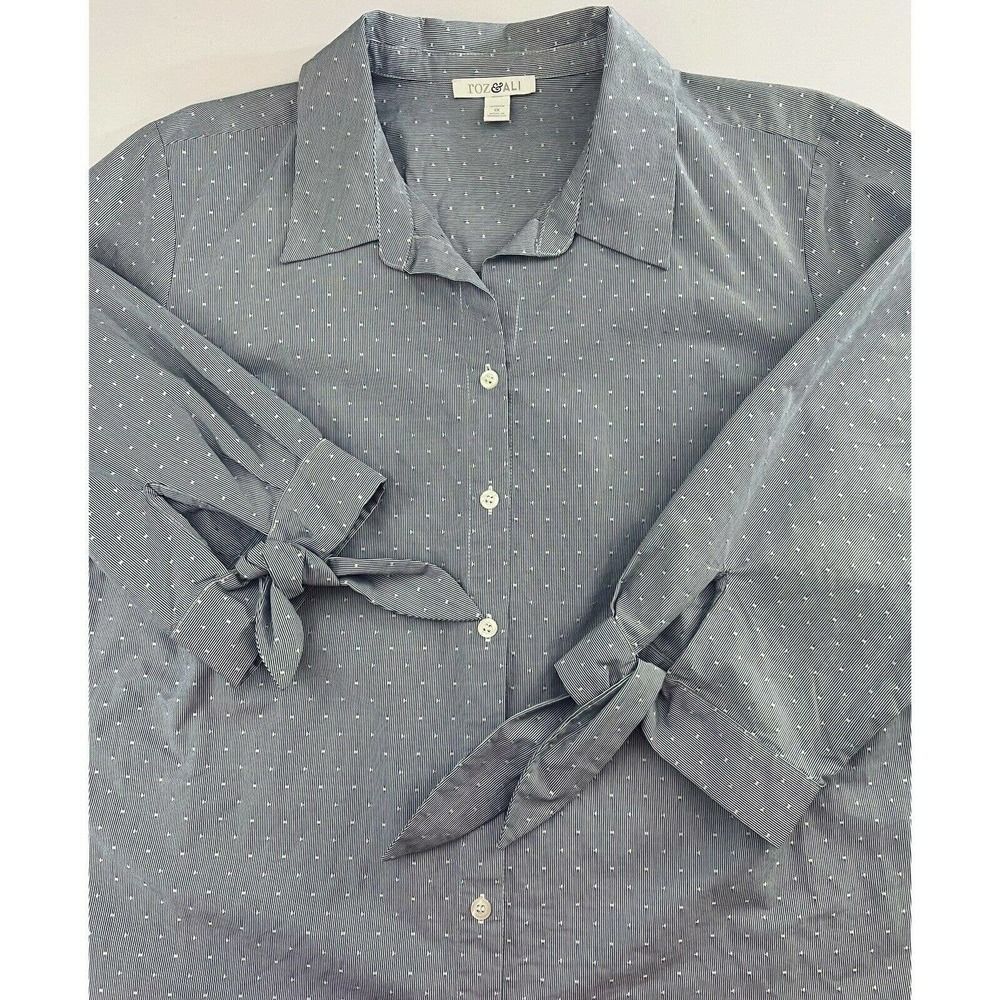 Roz & Ali Womens Blue White Striped Pintuck Blouse Bow Sleeve Button Up Shirt 1X